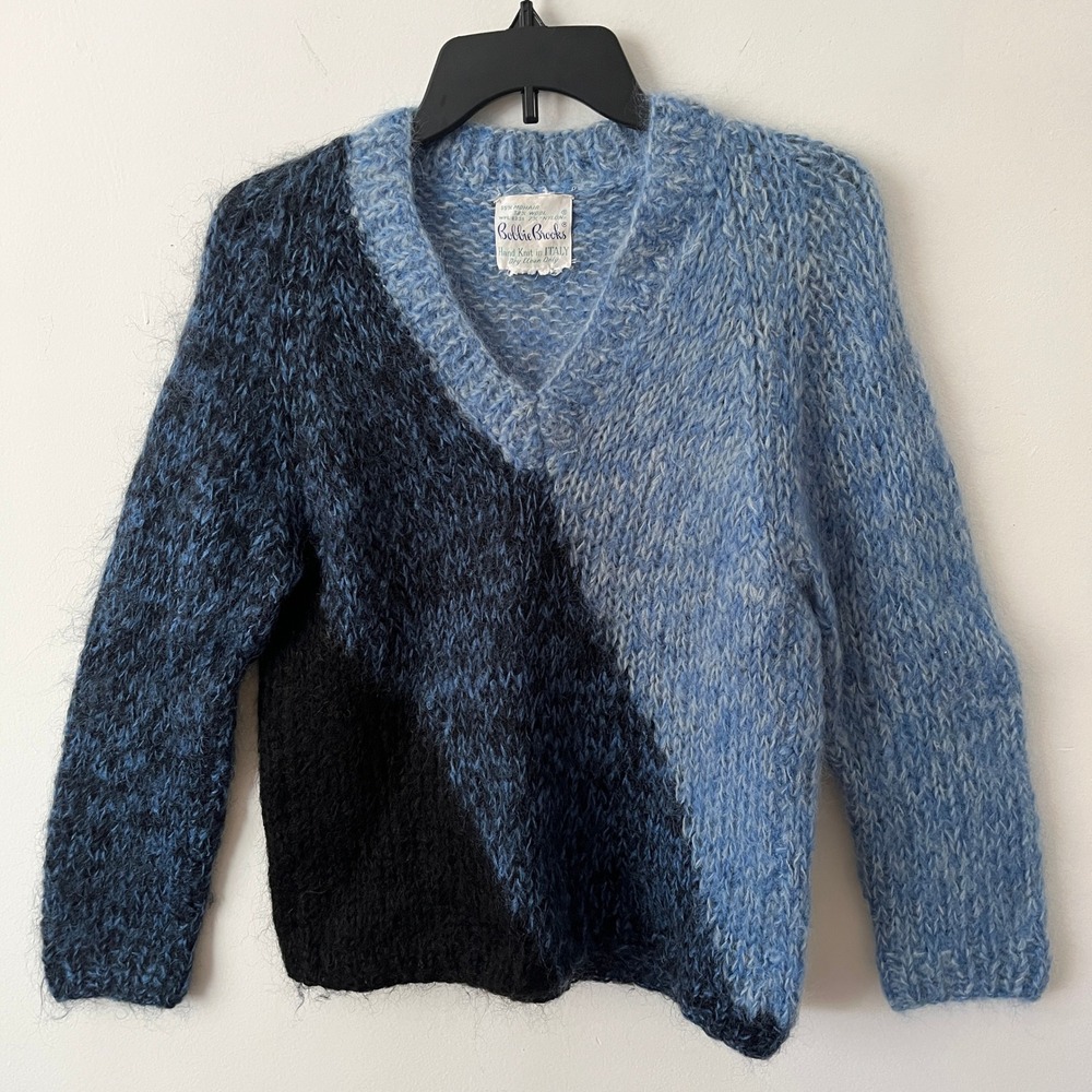 Vintage Bobbie Brooks Mohair Wool Sweater Blue Colorblock Hand Knit Italy V-Neck